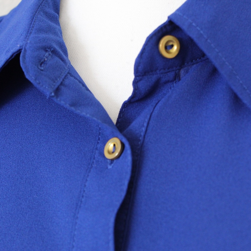Royal Blue Sheer Panel Split Tail Button Down Shi… - image 2